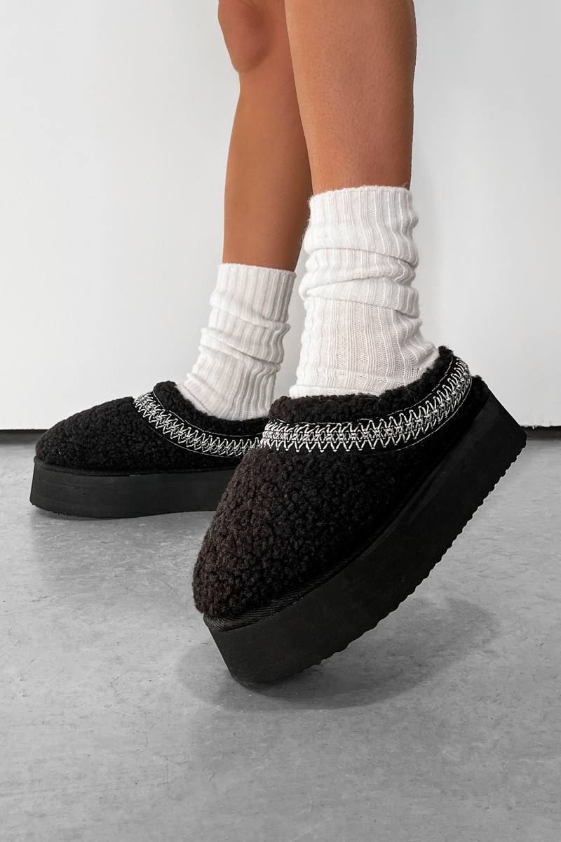 TILLY Aztec Platform Shearling Slippers - Black - 3