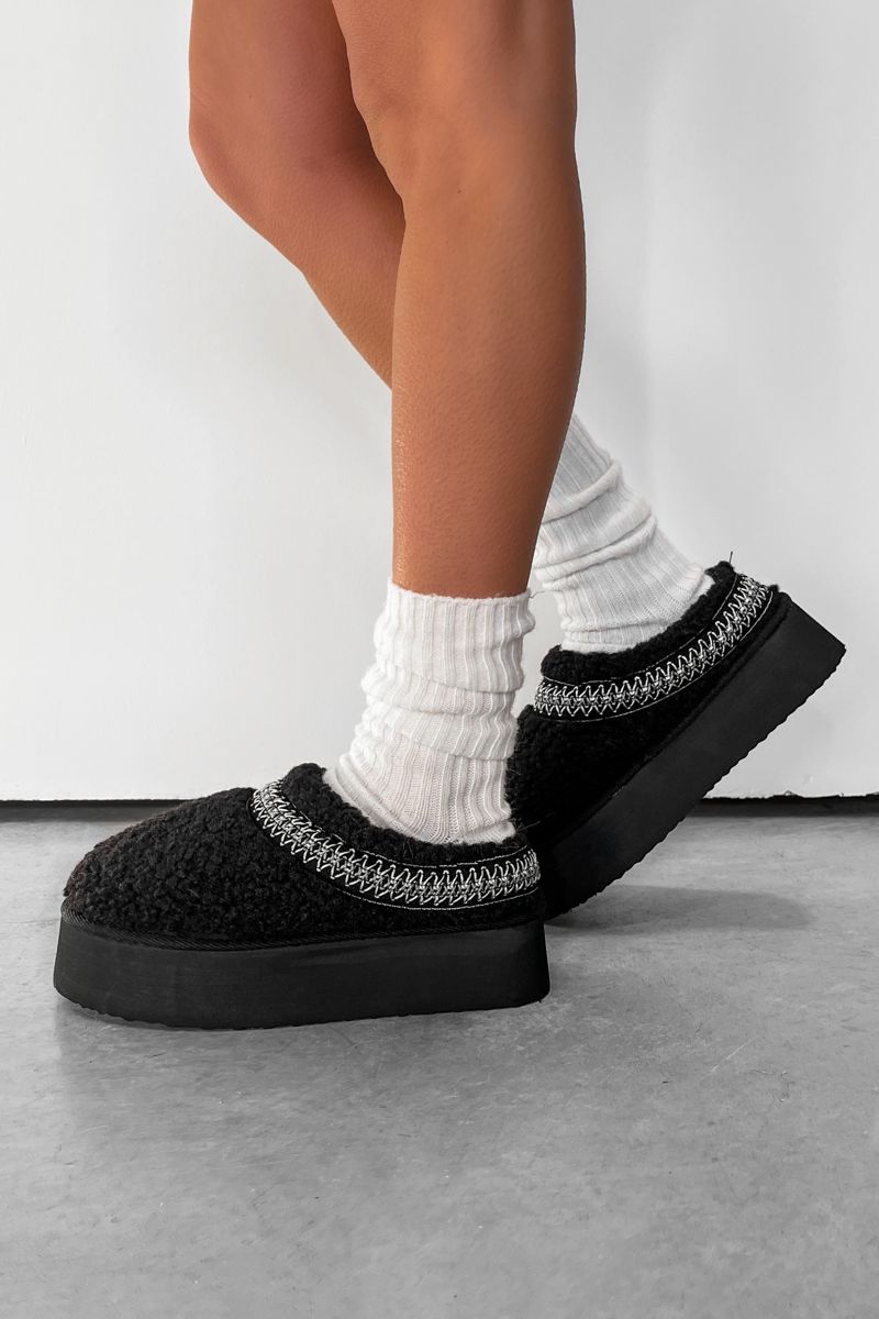 TILLY Aztec Platform Shearling Slippers - Black - 2