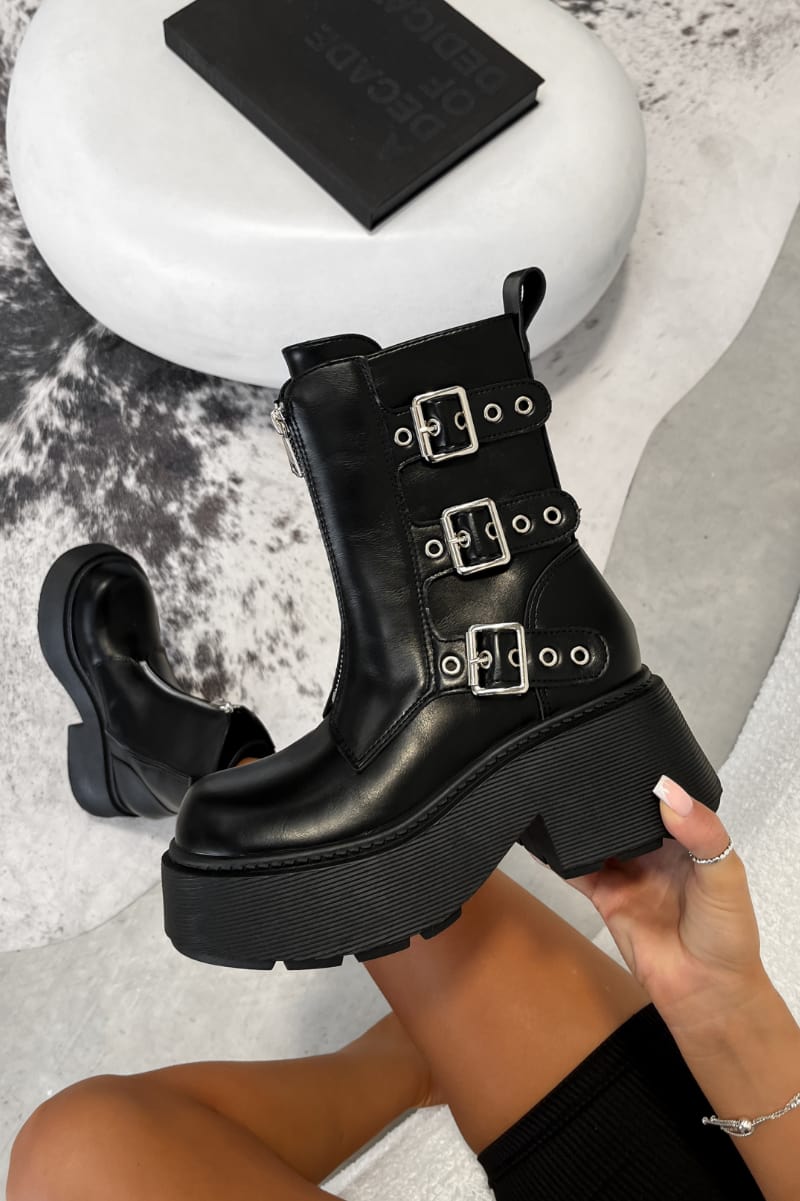 TORI Zip Front Chunky Buckle Ankle Boots - Black