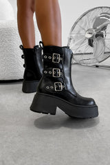 TORI Zip Front Chunky Buckle Ankle Boots - Black - 1