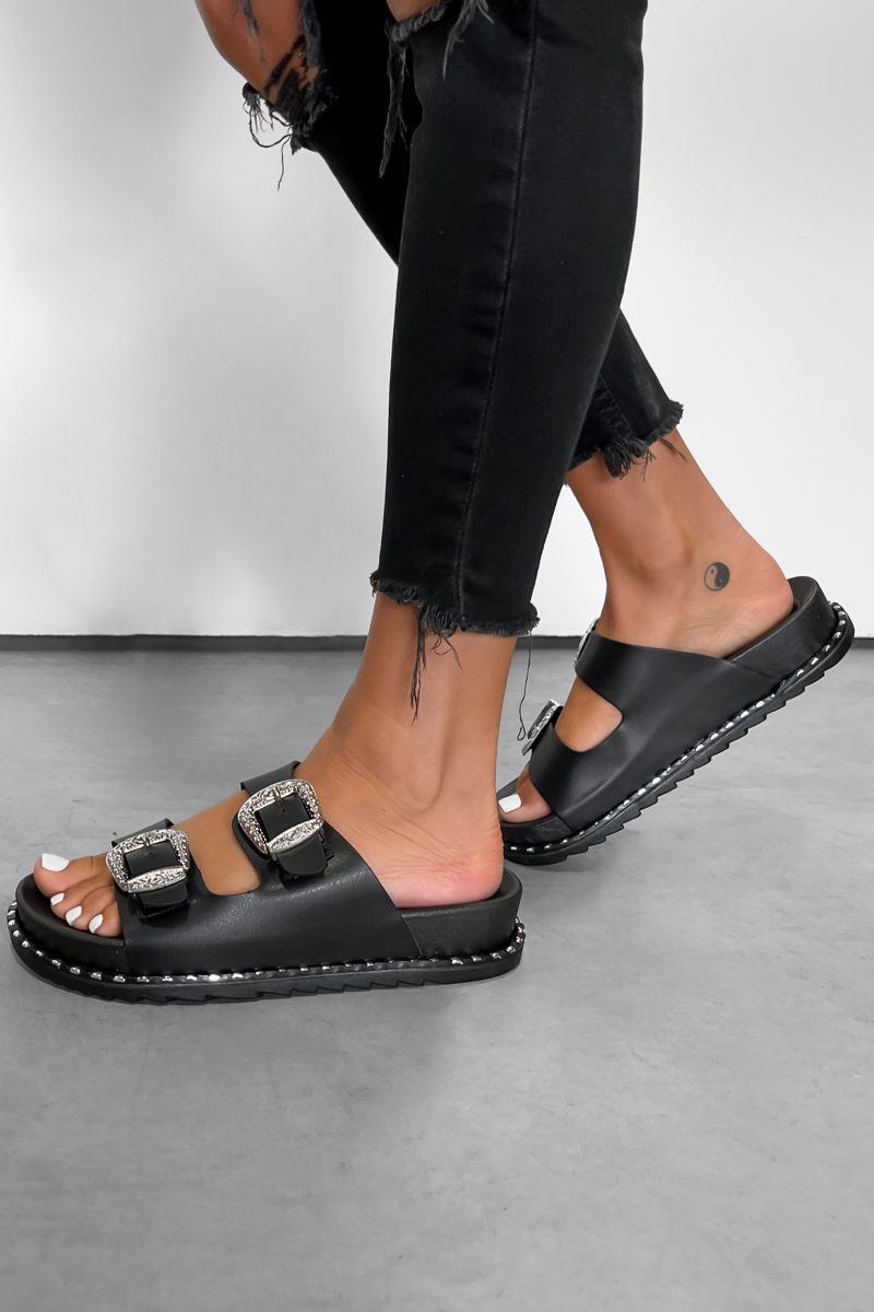 TOUGH LOVE Chunky Western Buckle Sandals - Black/Silver - 2