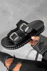 TOUGH LOVE Chunky Western Buckle Sandals - Black/Silver