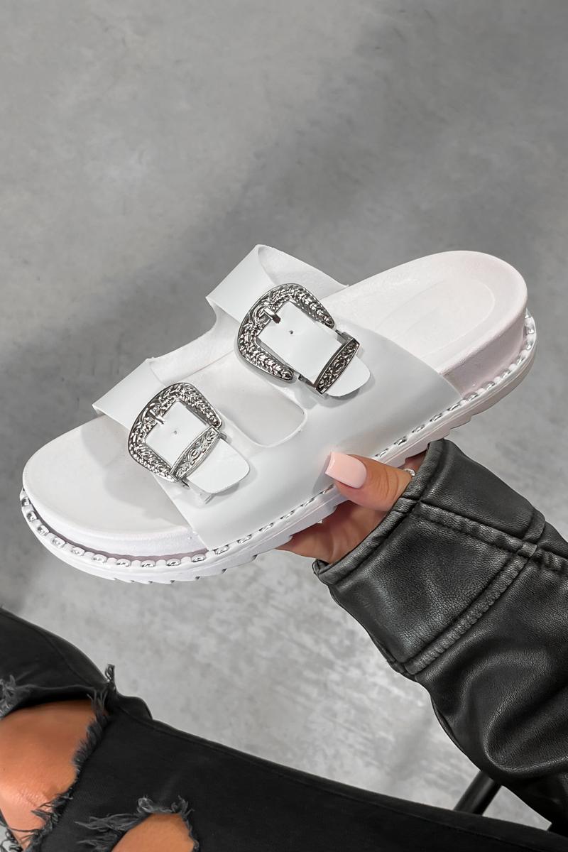 TOUGH LOVE Chunky Western Buckle Sandals - White/Silver