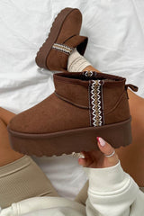 TRAYNA Suede Embroidered Chunky Boots - Chocolate