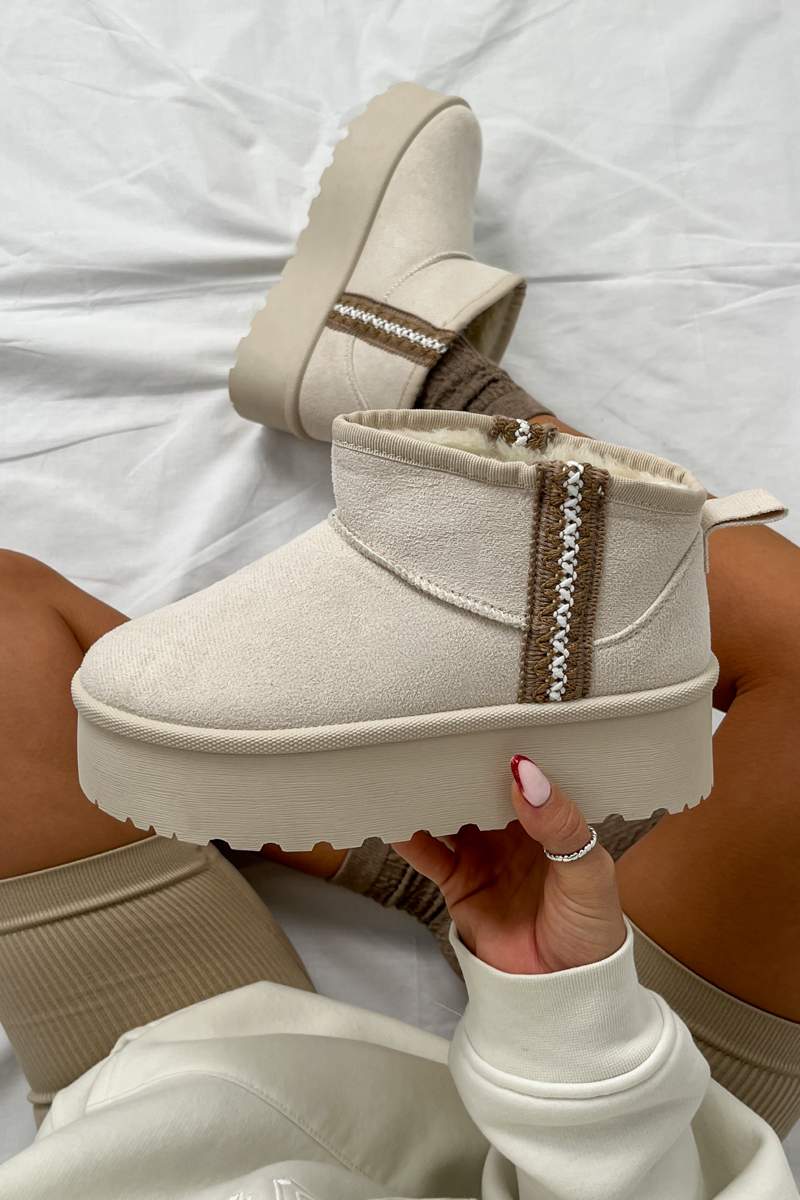 TRAYNA Suede Embroidered Chunky Boots - Cream