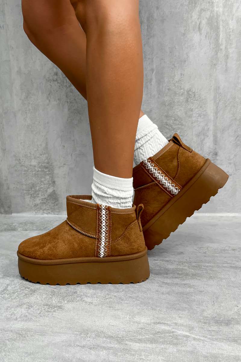 TRAYNA Suede Embroidered Chunky Boots - Tan - 1