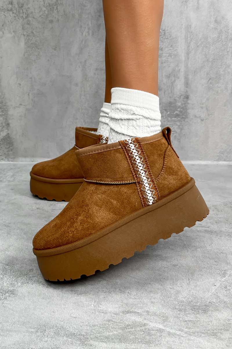 TRAYNA Suede Embroidered Chunky Boots - Tan