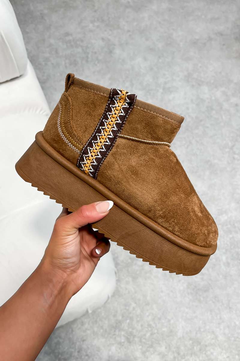 TRAYNA Suede Embroidered Chunky Slippers - Chestnut