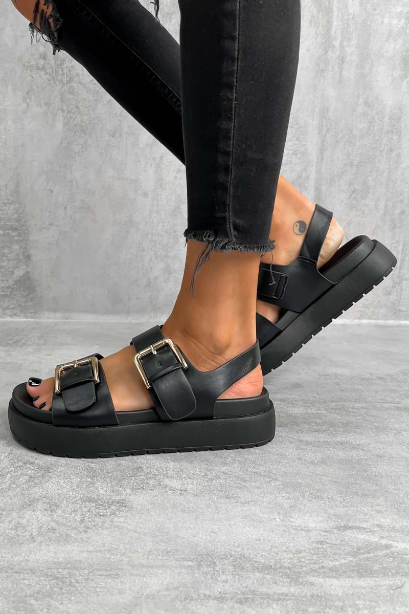 TURN UP Chunky Flatform Buckle Sandals - Black