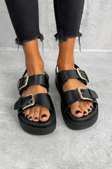 TURN UP Chunky Flatform Buckle Sandals - Black