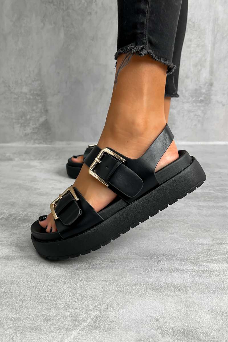 TURN UP Chunky Flatform Buckle Sandals - Black