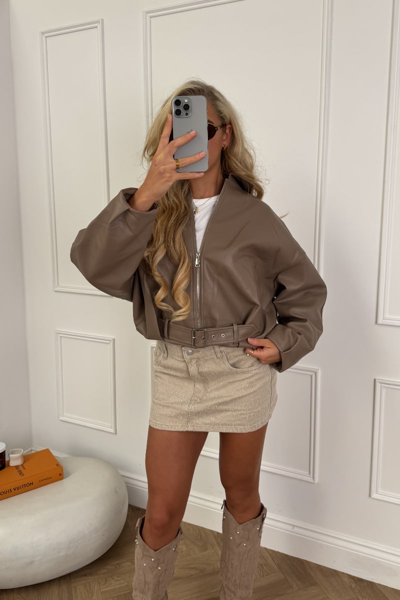 MAYDA Oversized Bomber Jacket - Taupe PU - 1