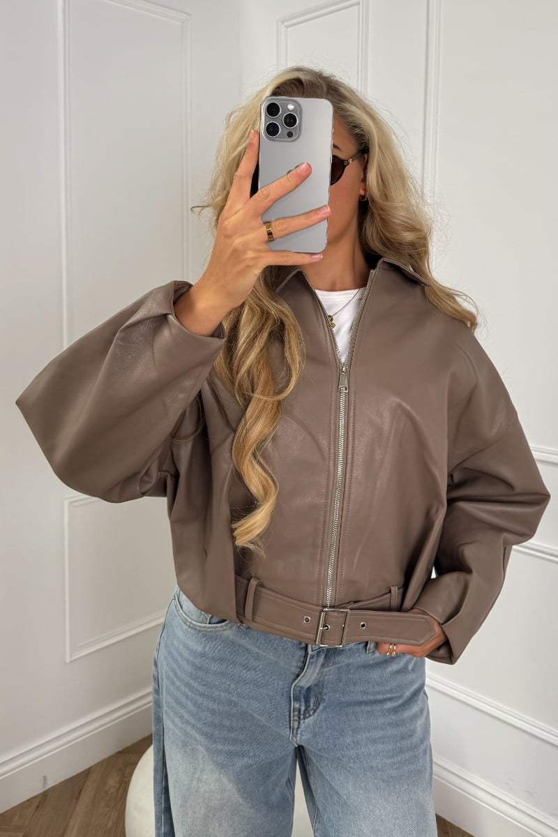 MAYDA Oversized Bomber Jacket - Taupe PU