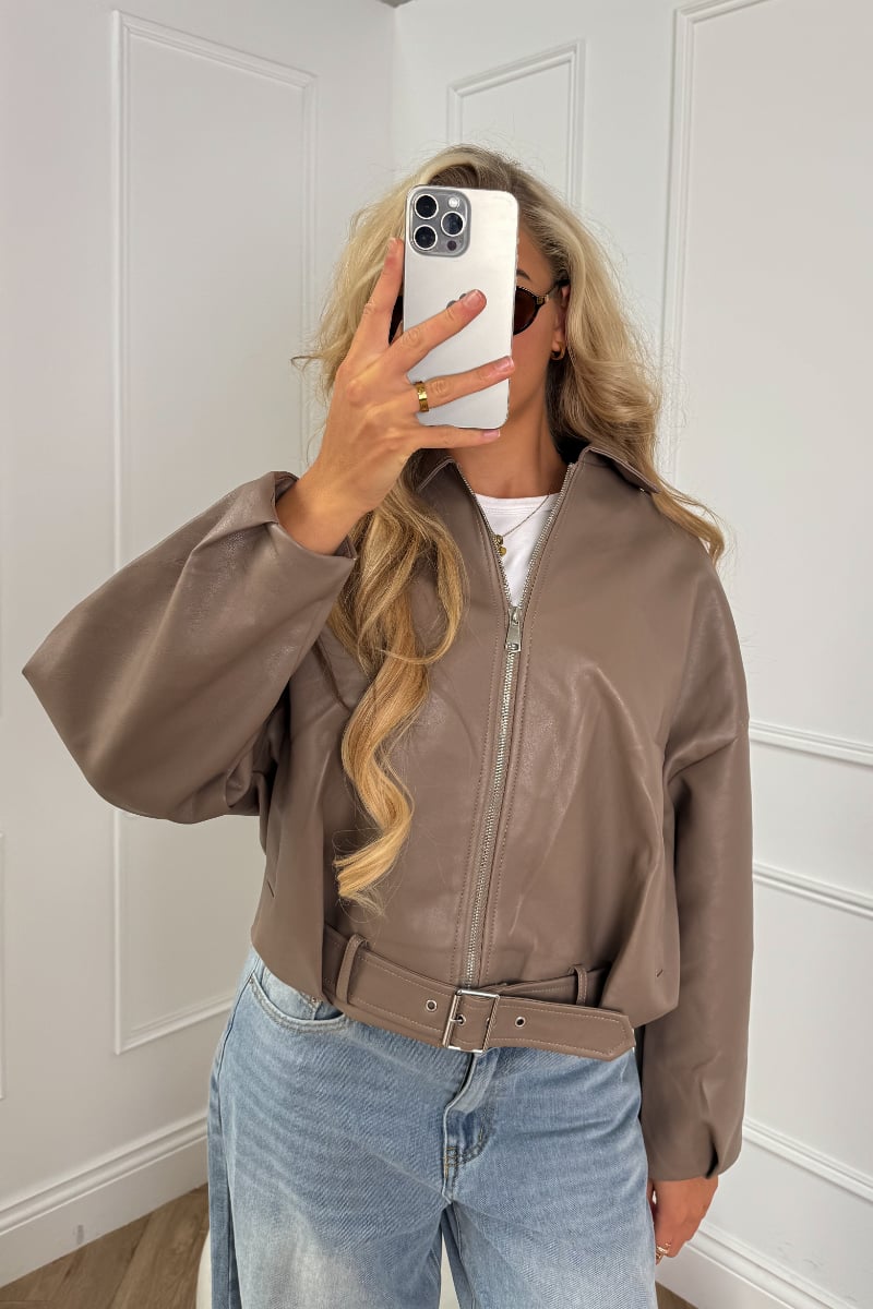 MAYDA Oversized Bomber Jacket - Taupe PU - 3