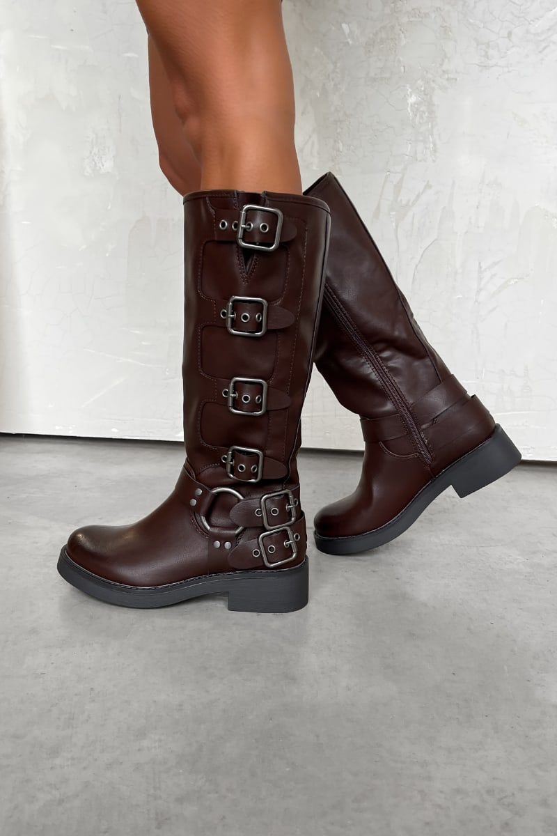 UTAH Chunky Buckle Biker Boots Brown PU