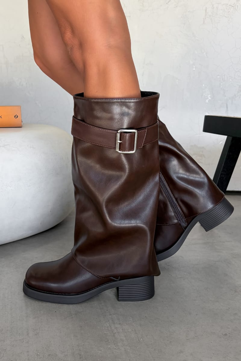 VEGA Flared Knee High Boots - Brown PU - 3