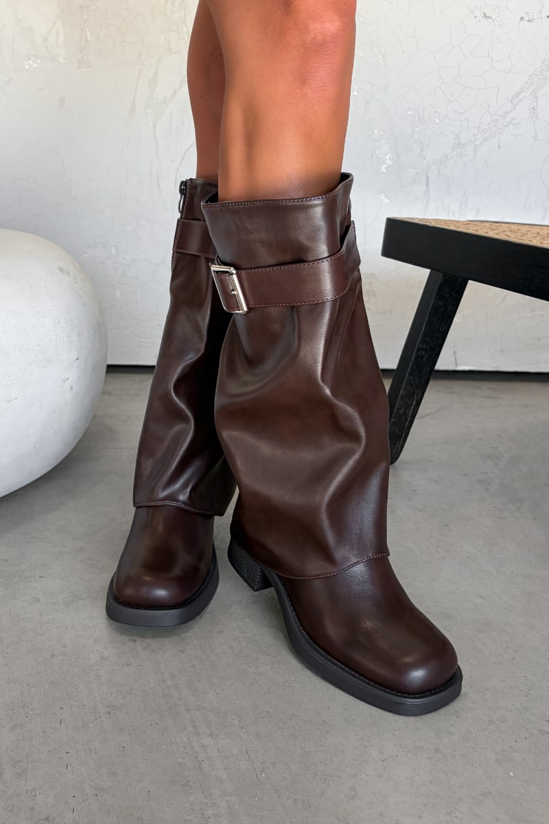 VEGA Flared Knee High Boots - Brown PU - 4