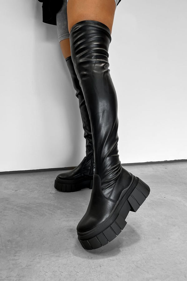 VENUS Chunky Knee High Boots - Black PU - 1