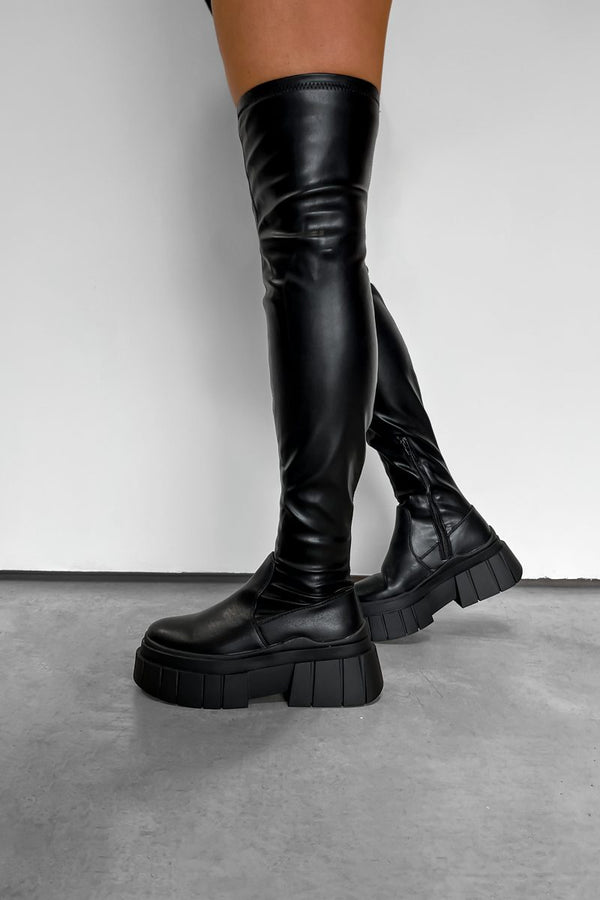 VENUS Chunky Knee High Boots - Black PU