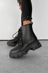 VOLTAGE Chunky Lace Up Ankle Boots - Black PU