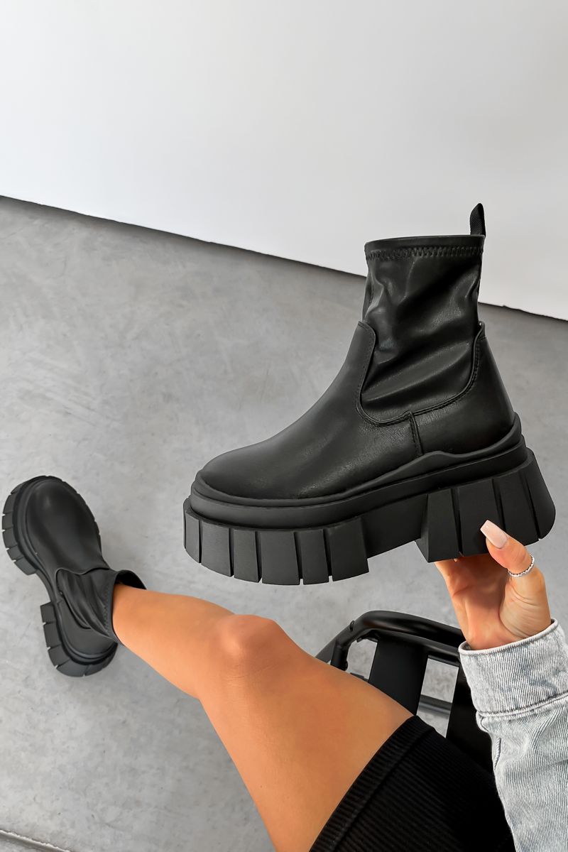 VOLTAGE Chunky Platform Sock Fit Boots - Black PU - 1