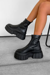 VOLTAGE Chunky Platform Sock Fit Boots - Black PU - 3