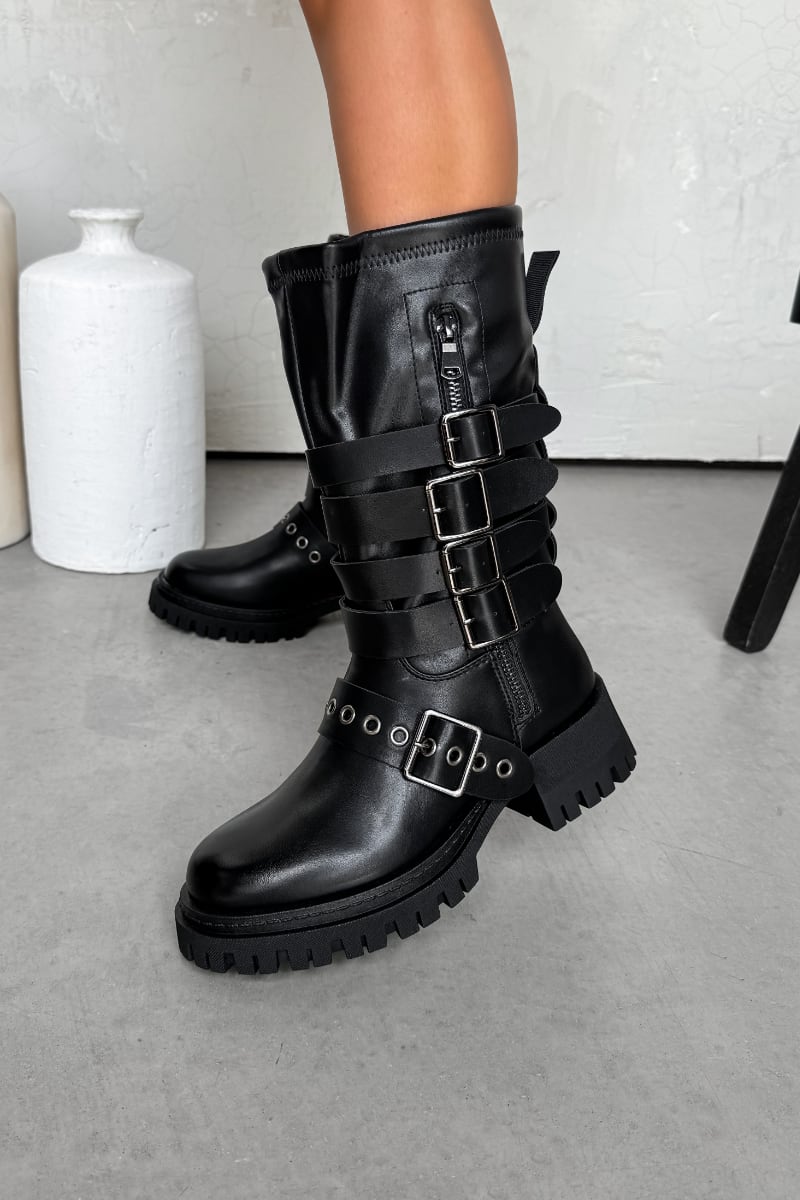 VOLTAGE Multi Buckle Chunky Platform Boots - Black PU