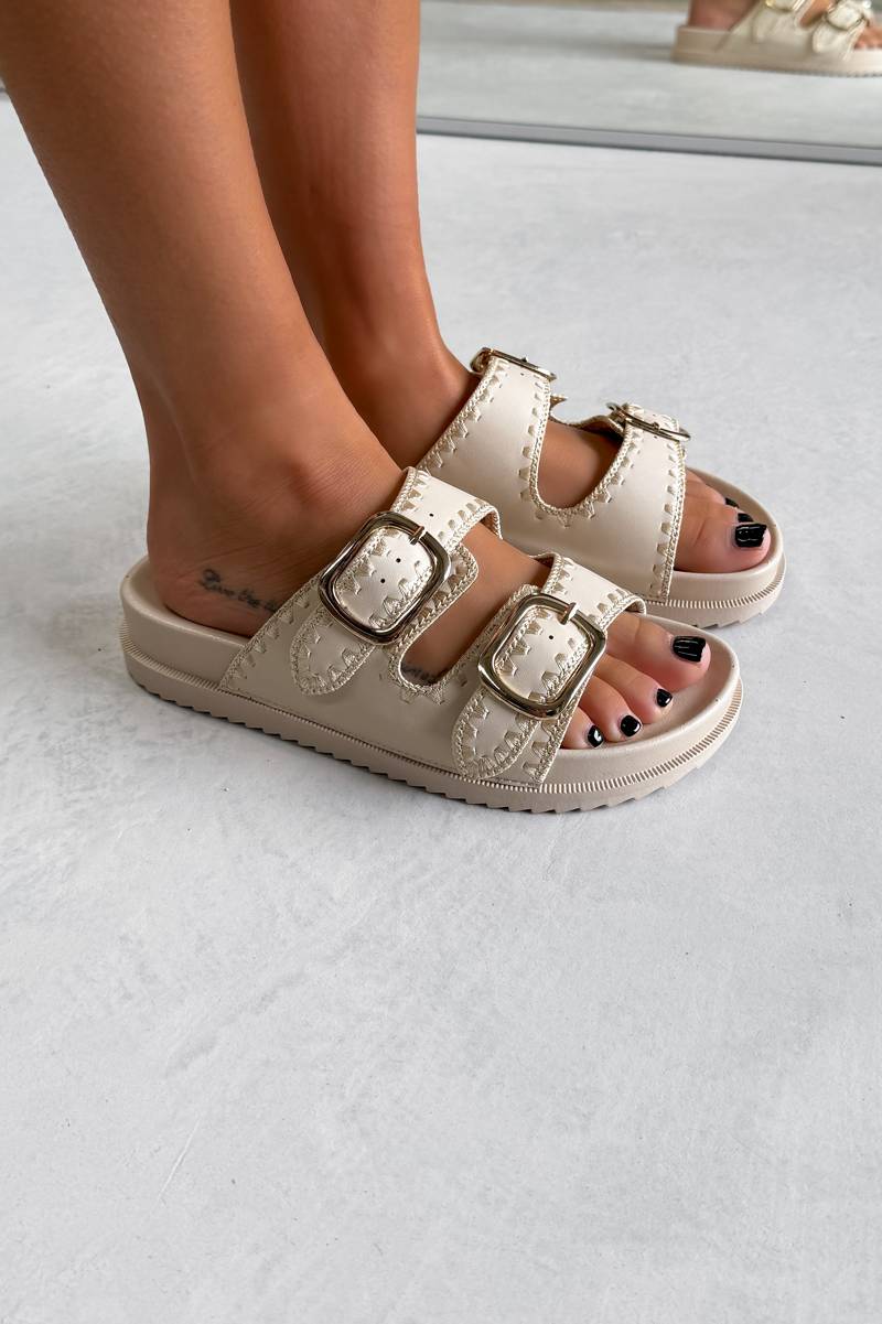 GIO Chunky Embroidered Buckle Sandals - Beige