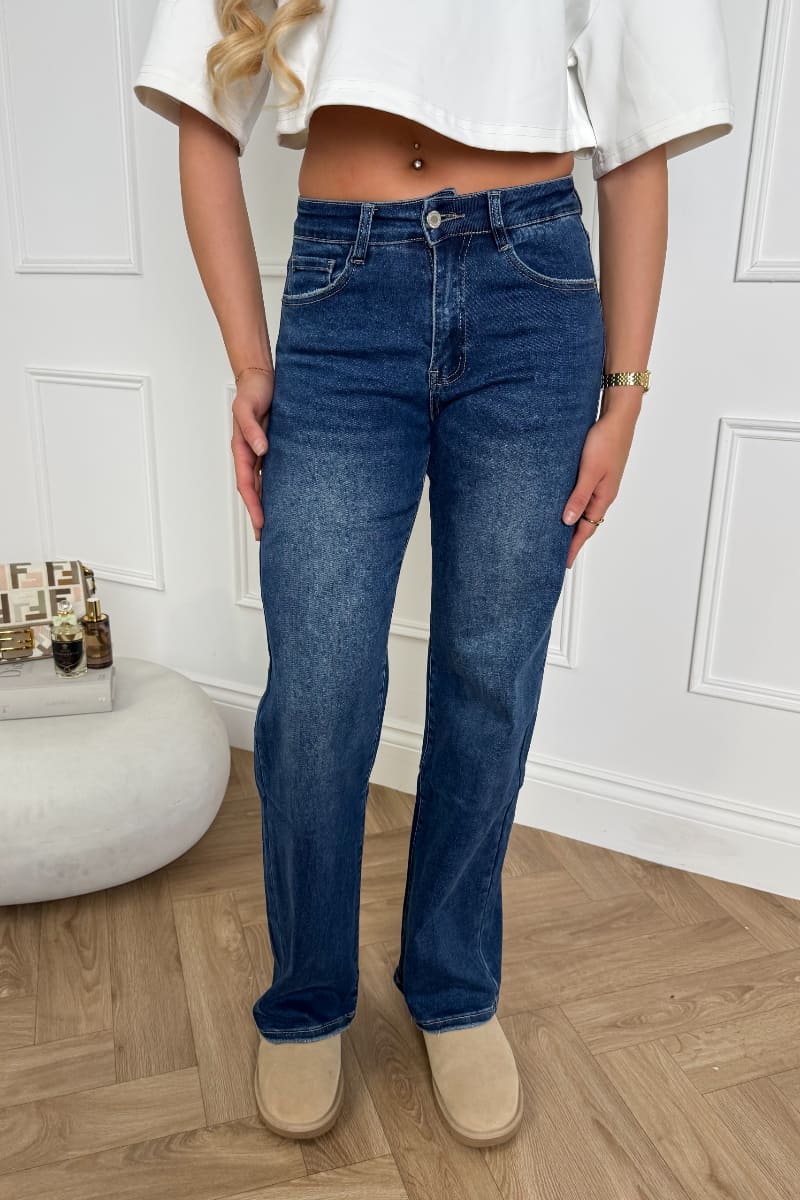 Wide Leg Stretch Jeans - Mid Blue Denim