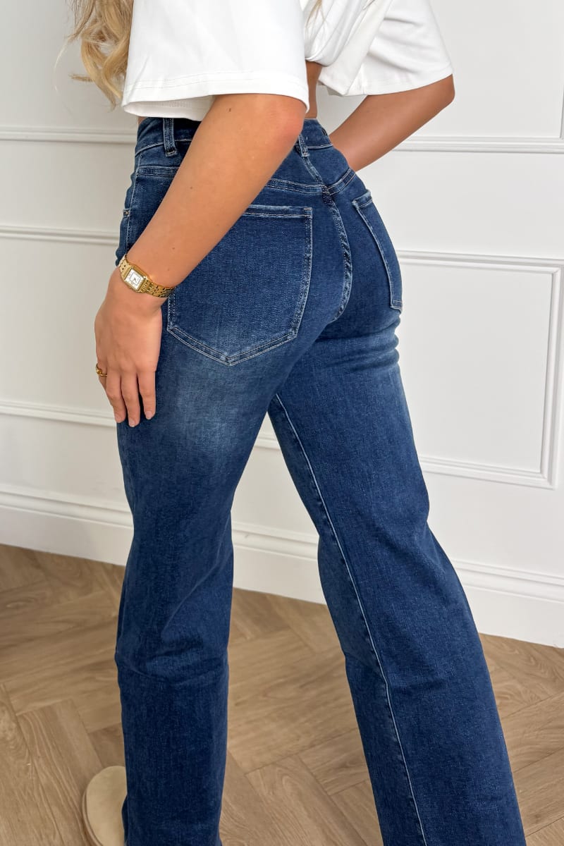 Wide Leg Stretch Jeans - Mid Blue Denim - 2