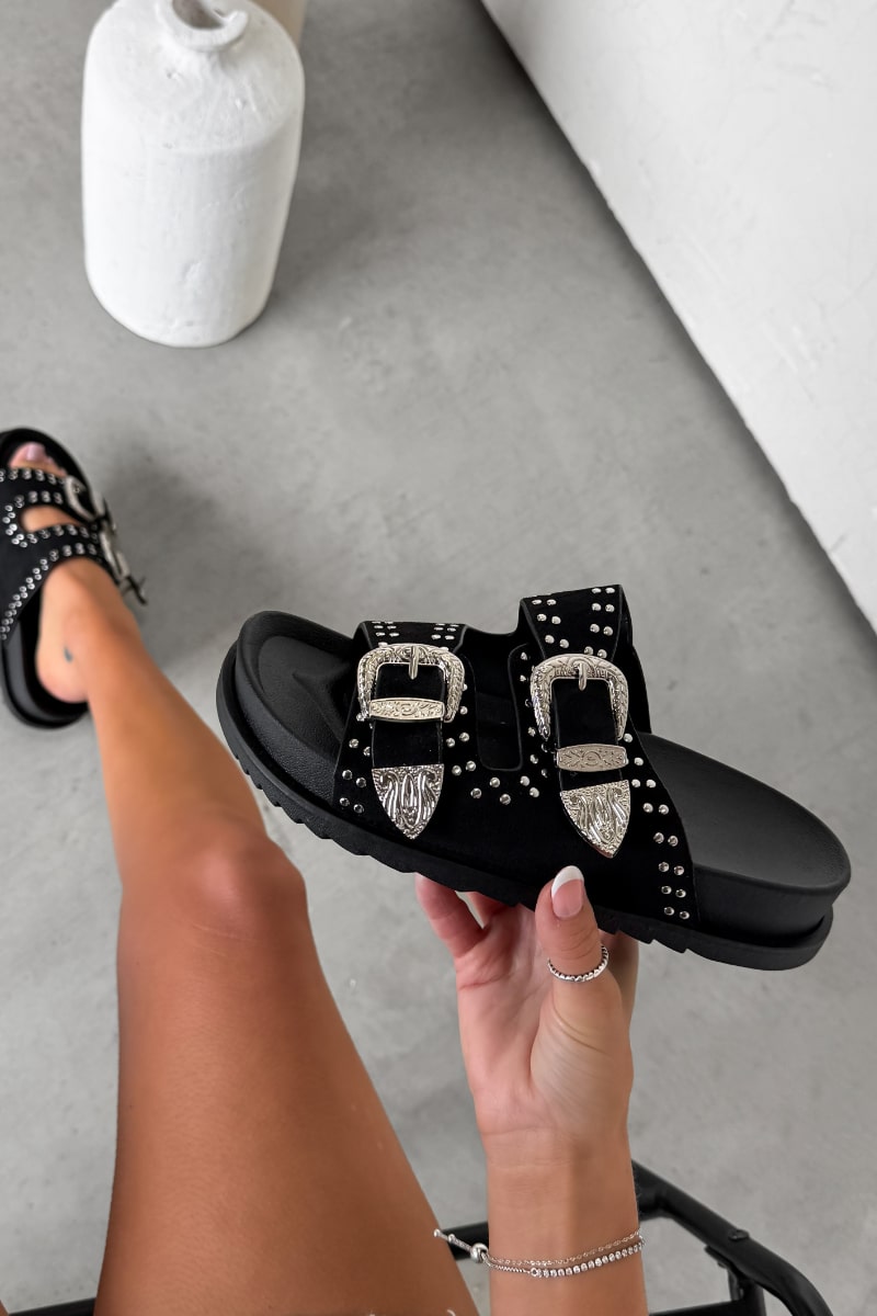 ZENA Chunky Studded Western Buckle Sandals - Black – AJ VOYAGE