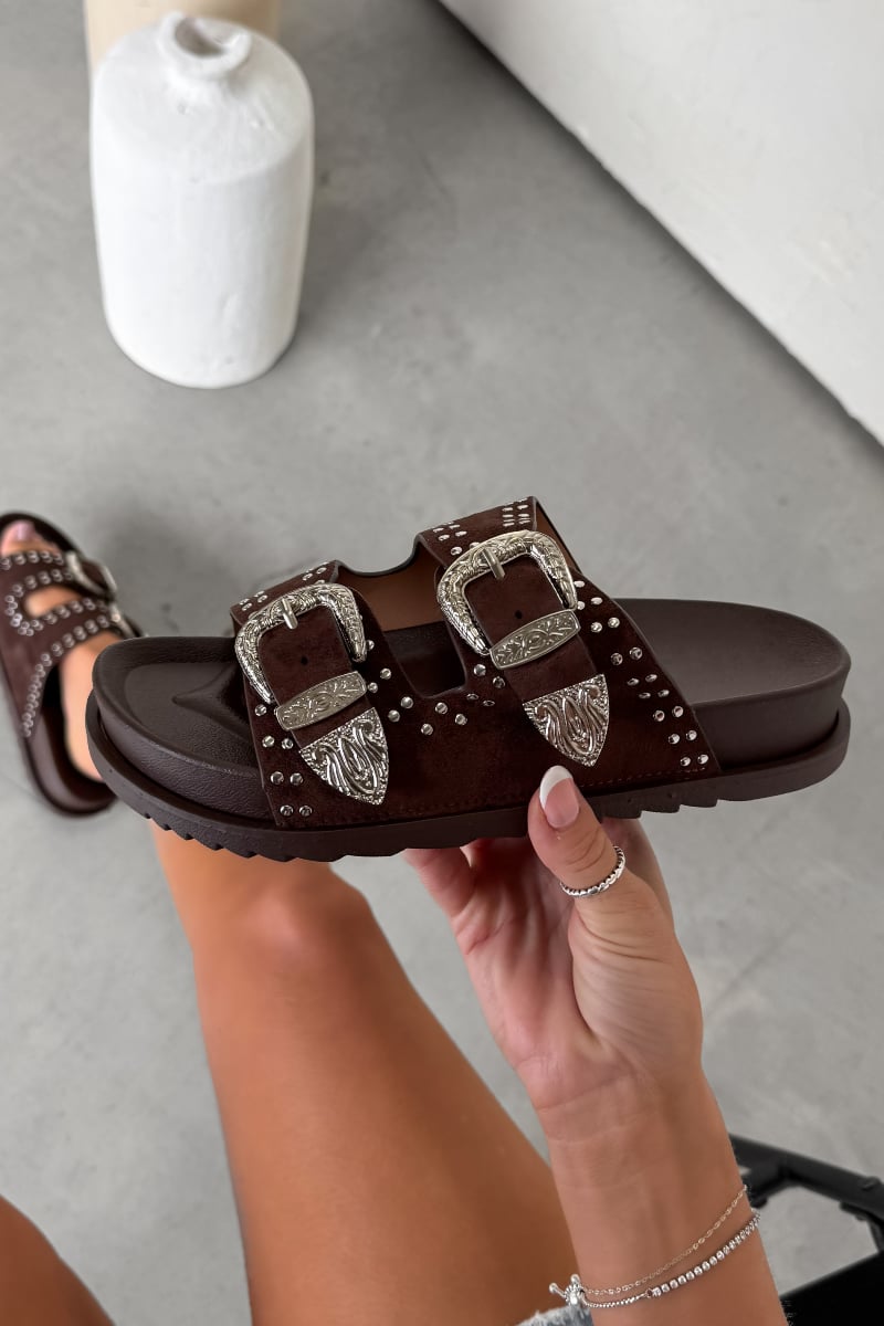 ZENA Chunky Studded Western Buckle Sandals - Brown