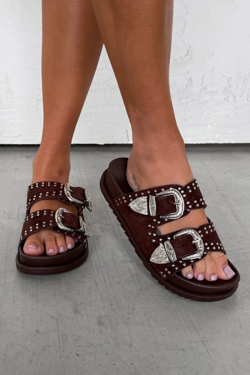 ZENA Chunky Studded Western Buckle Sandals - Brown