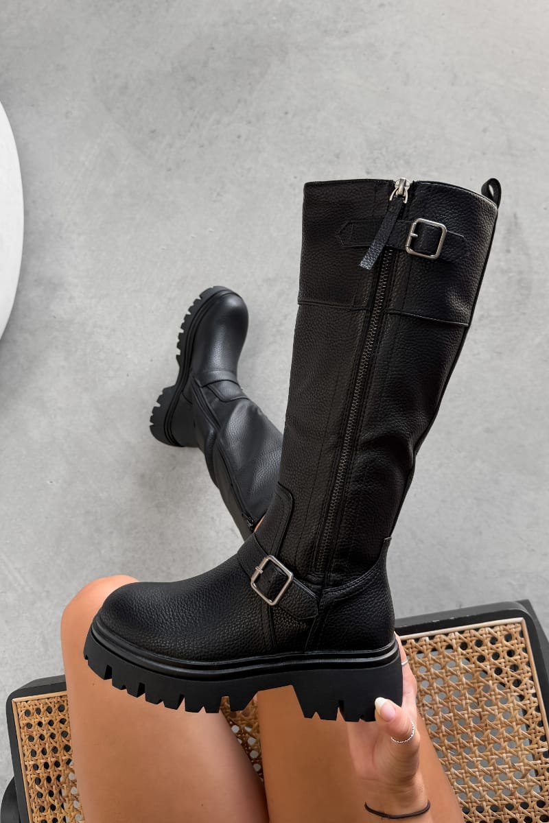 ZENA Knee High Buckle Platform Boots - Black - 3