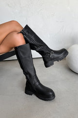 ZENA Knee High Buckle Platform Boots - Black -2