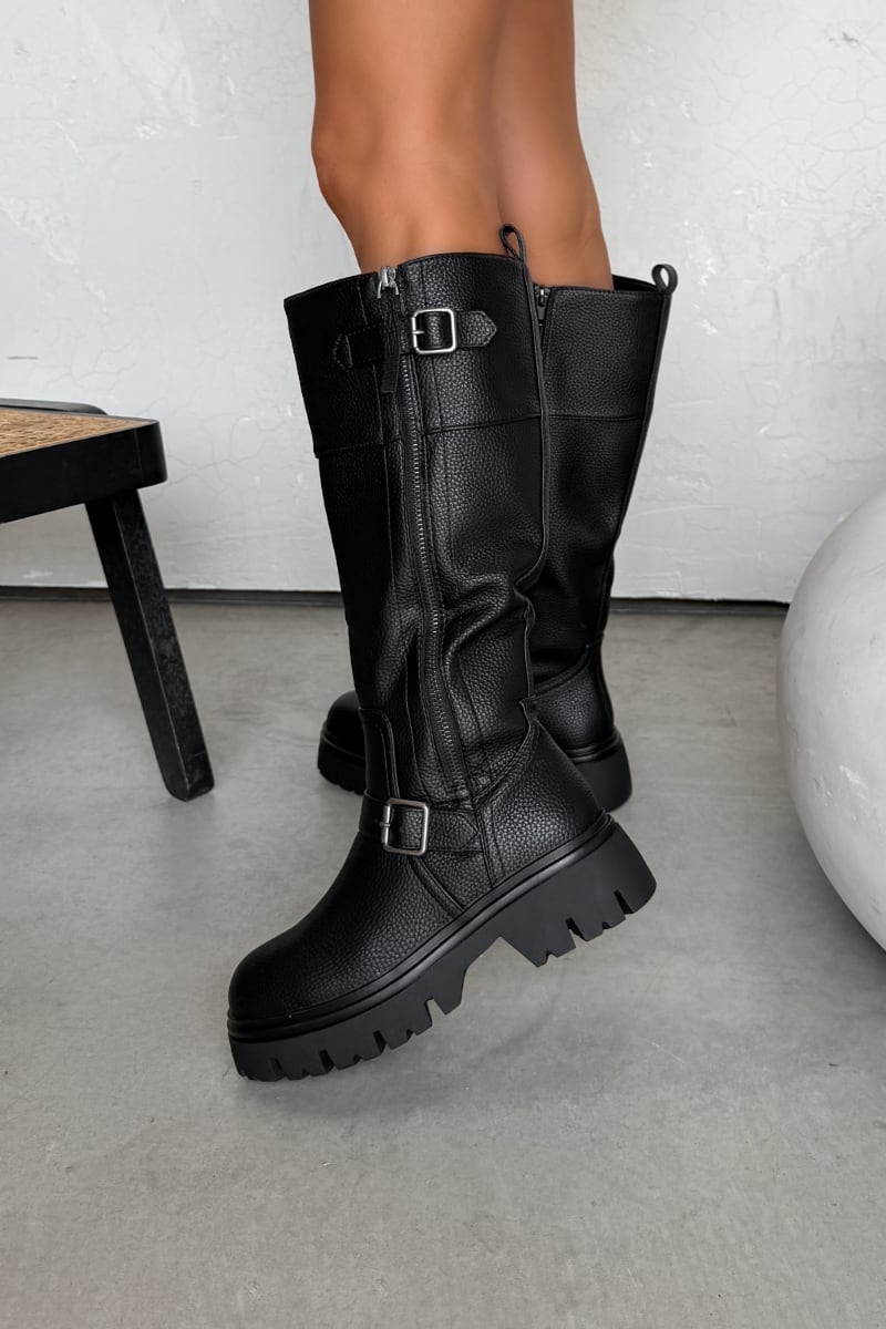 ZENA Knee High Buckle Platform Boots - Black - 1