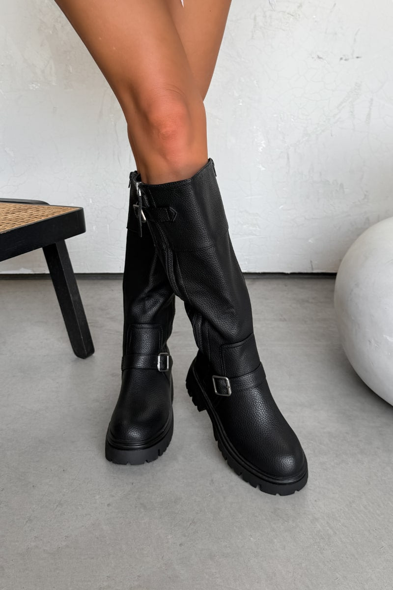 ZENA Knee High Buckle Platform Boots - Black