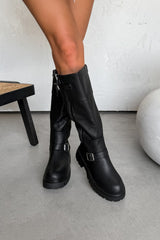 ZENA Knee High Buckle Platform Boots - Black