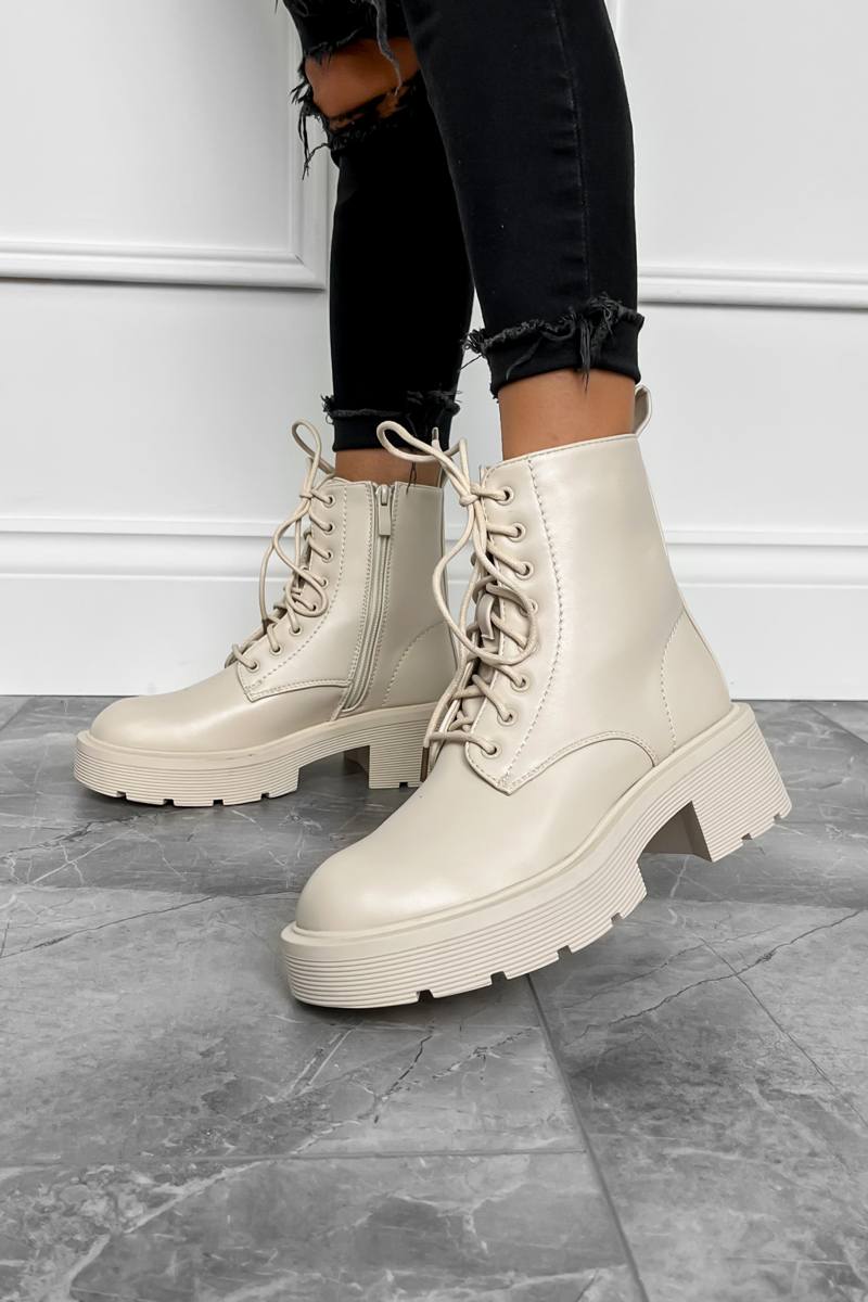 AVERY Lace Up Chunky Boots - Beige PU