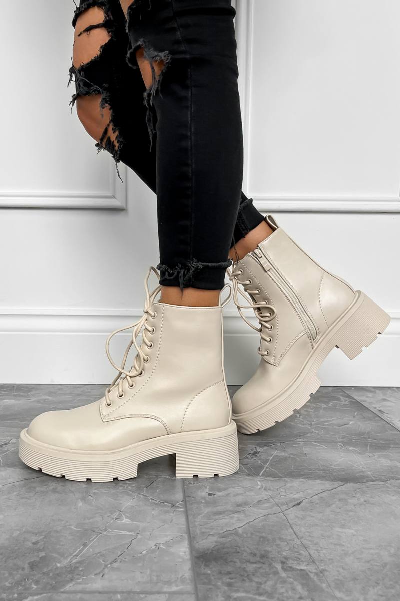 AVERY Lace Up Chunky Boots - Beige PU - 2