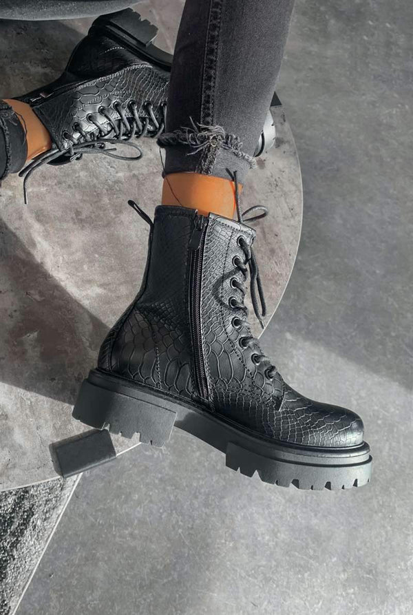 BLIZZARD Chunky Platform Lace Up Ankle Boots - Black Croc - 1