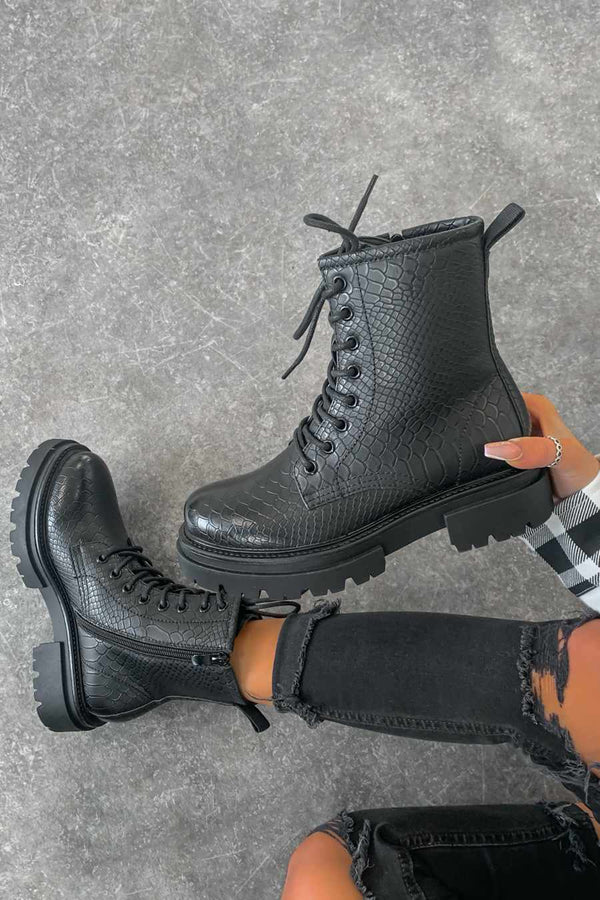 BLIZZARD Chunky Platform Lace Up Ankle Boots - Black Croc