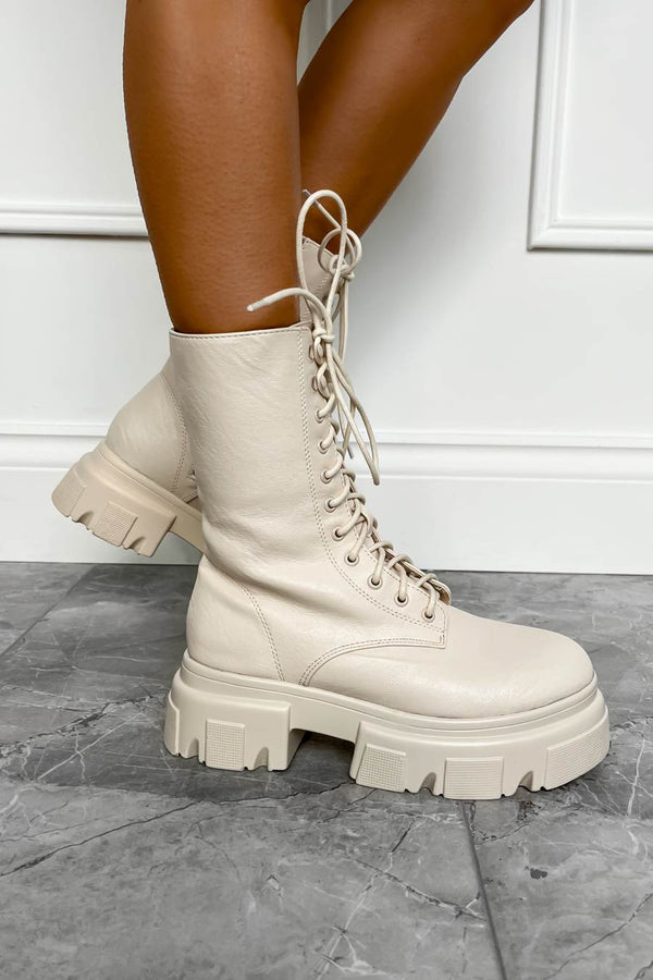 BROOKLYN Chunky Lace Up Ankle Boots - Beige PU - 1