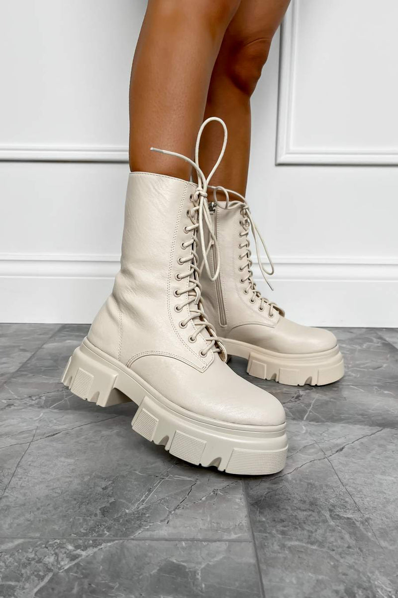 BROOKLYN Chunky Lace Up Ankle Boots - Beige PU - 2