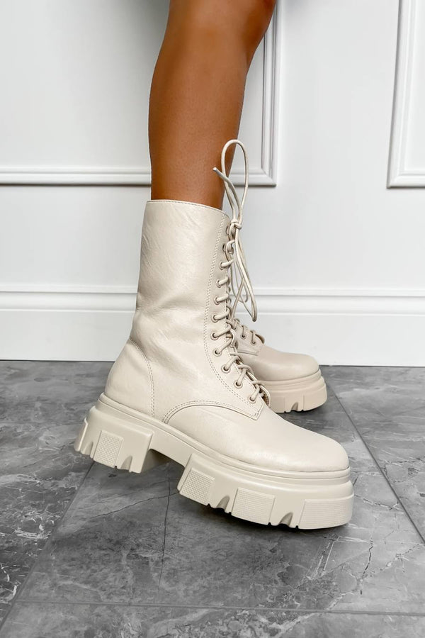 BROOKLYN Chunky Lace Up Ankle Boots - Beige PU