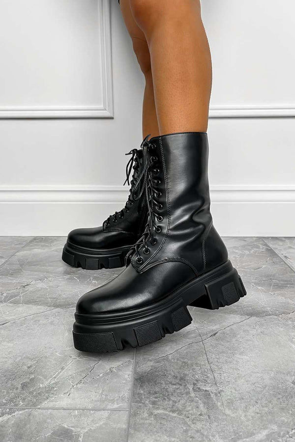 BROOKLYN Chunky Lace Up Ankle Boots - Black PU