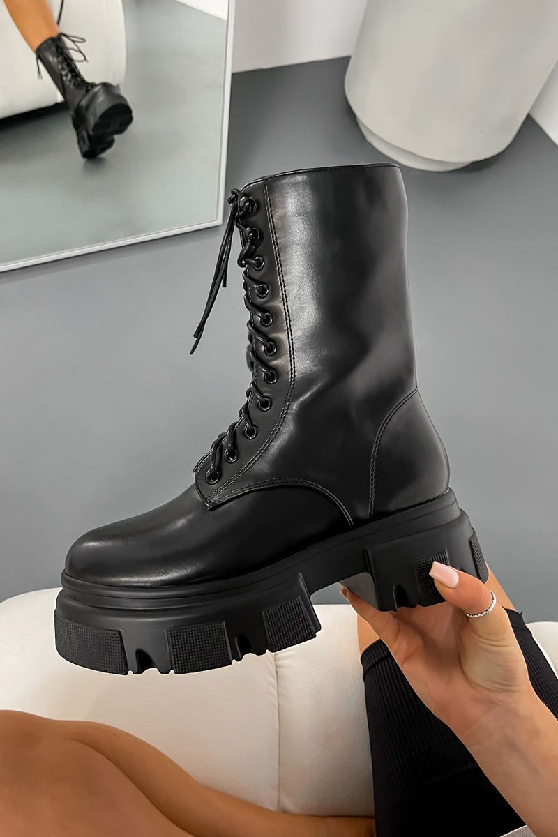 BROOKLYN Chunky Lace Up Ankle Boots - Black PU - 1