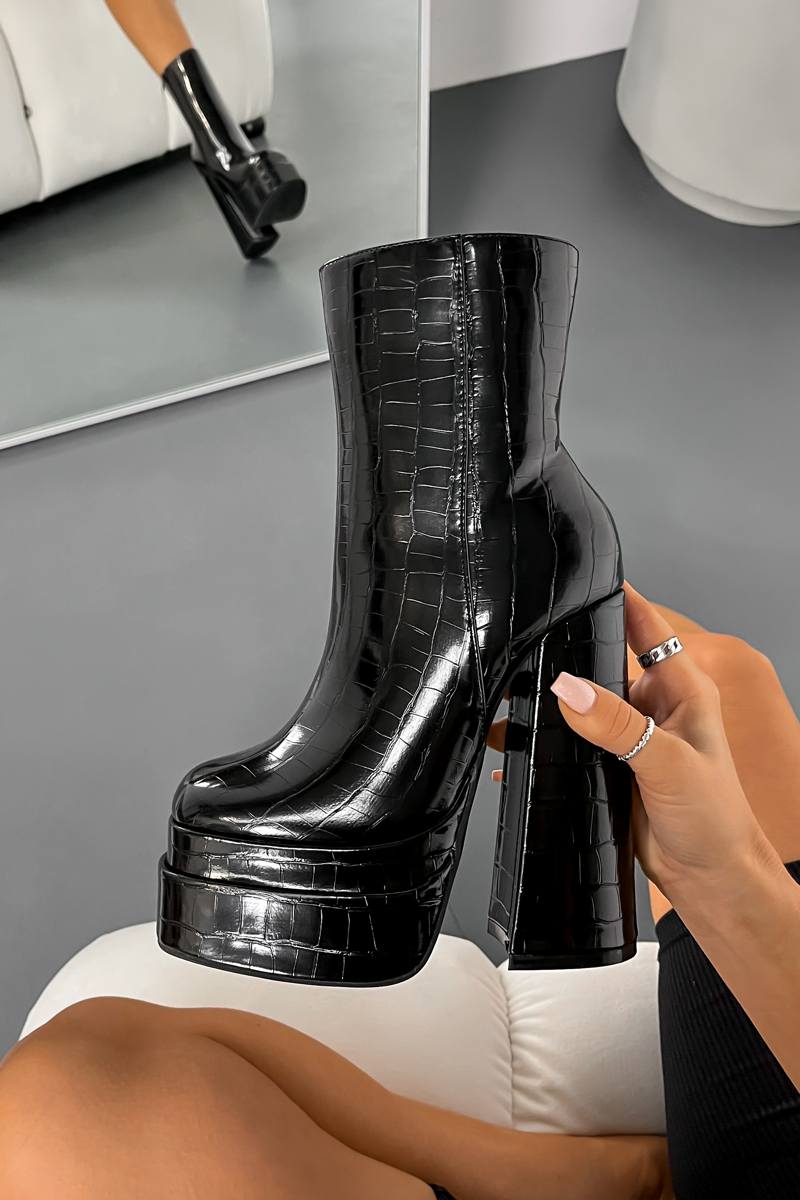 CARMEN Platform Heeled Boots - Black Croc Patent - 3