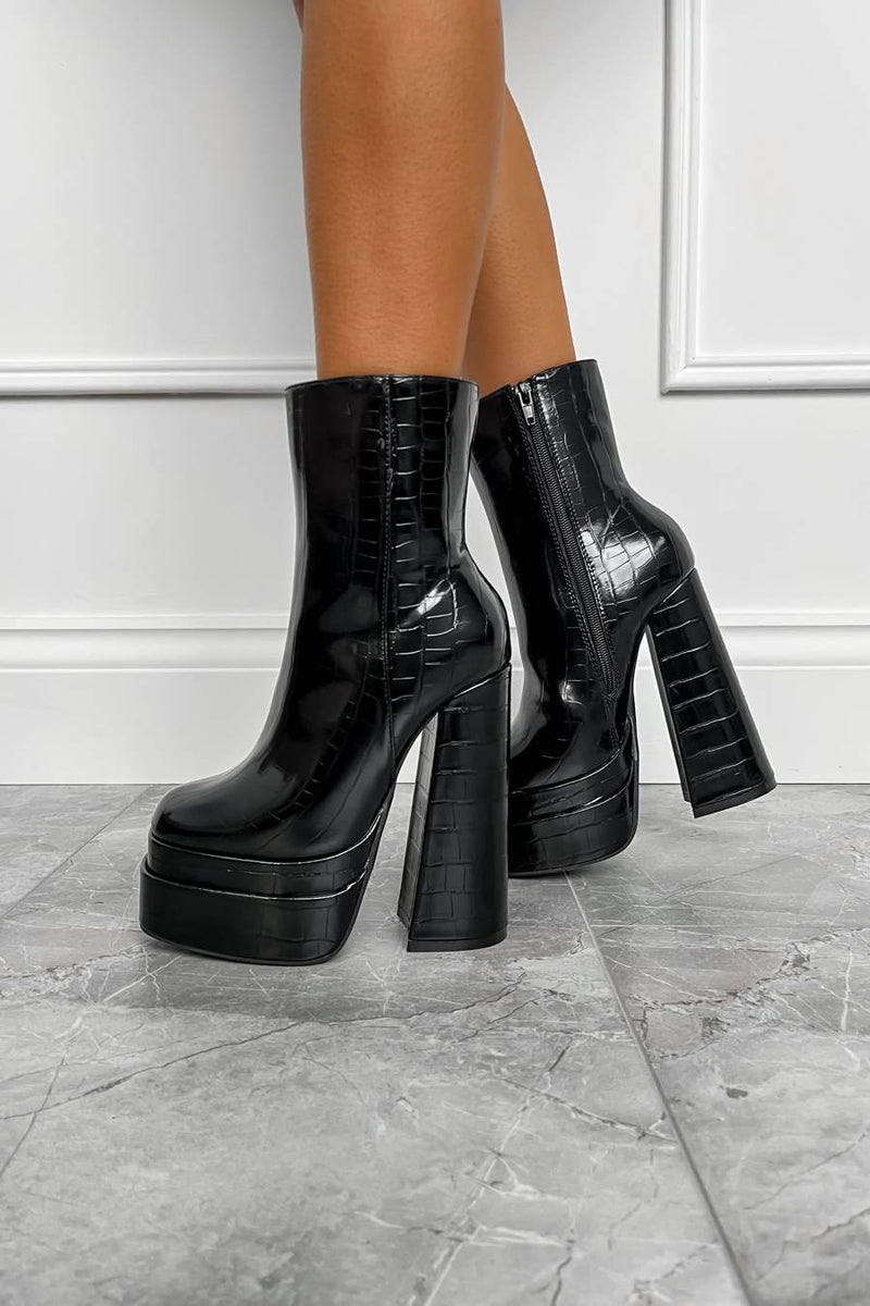 CARMEN Platform Heeled Boots Black Croc Patent – AJ VOYAGE