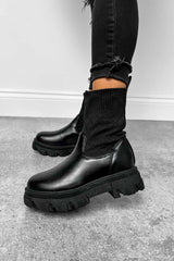 CHAOS Chunky Sock Fit Ankle Boots - Black PU - 1